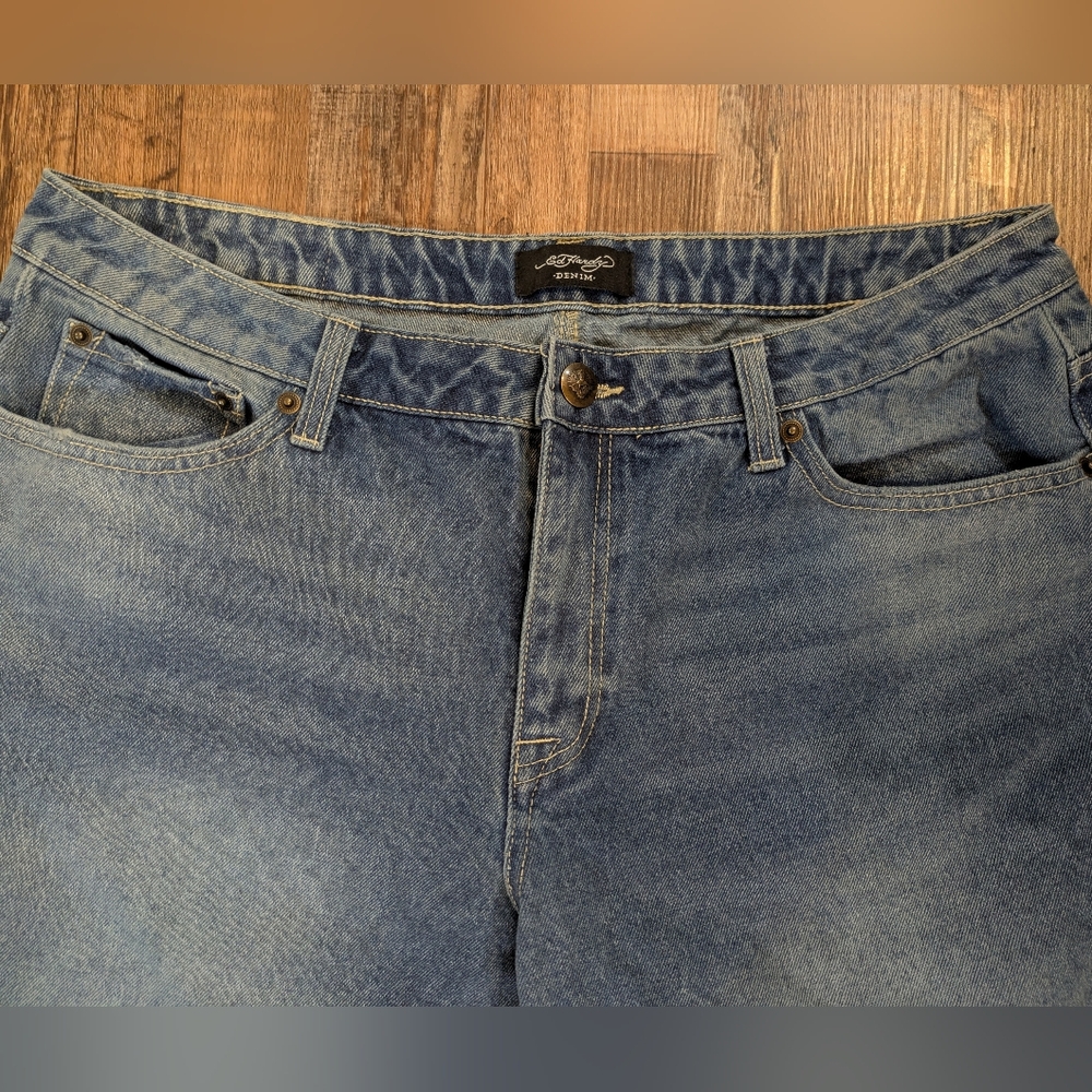 Ed Hardy Y2K Baggy Multi Tattoo Cropped Jeans Heart Dragon Tiger Snake Koi Sz 32 - Picture 5 of 14